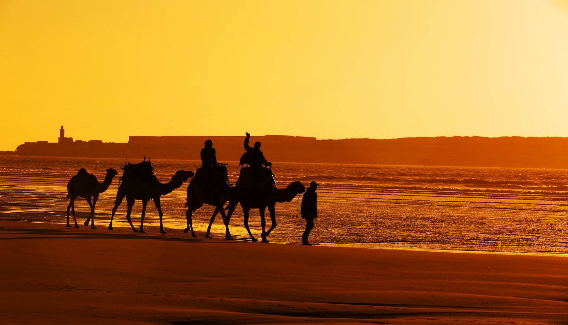 Une paire de personnes montent sur des chameaux sur la plage à Essaouira, Maroc au coucher du soleil